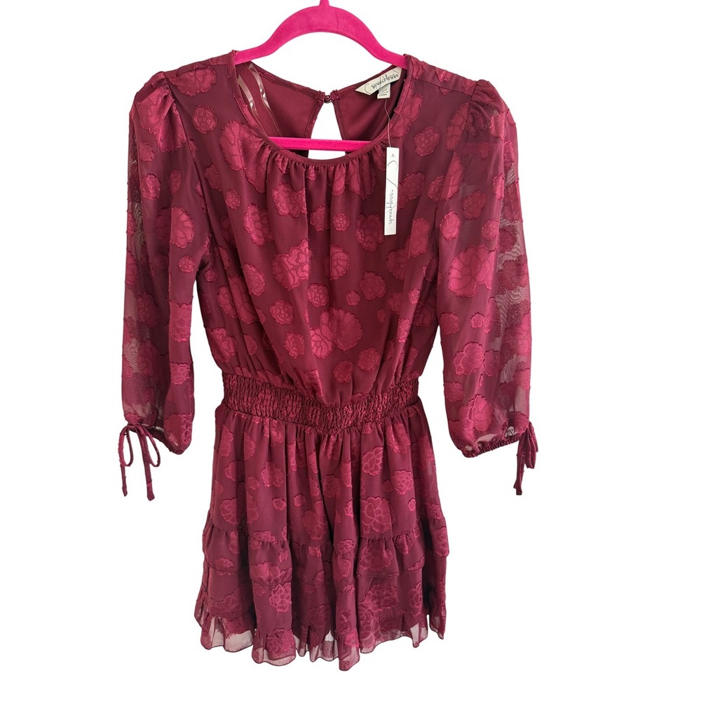 NWT Speechless Burgundy Floral Chiffon Mini Dress Size XS Smocked Waist